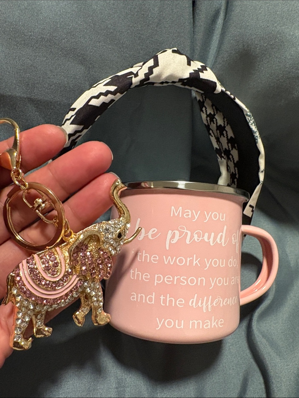 New 3 Pc Bundle Headband Elephant Bag Charm & Pink Inspirational Metal Mug